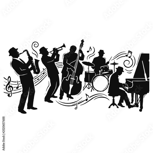 Photography Silhouette of a jazz band playing musical instruments on stage
