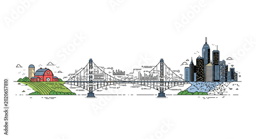 An intricate line art bridge connects a rural farm landscape with a red barn to a towering modern city skyline on a clean white background design.