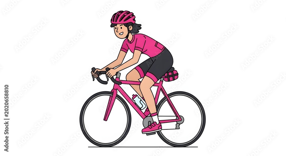 Fototapeta premium Flat Vector of a female cyclist wearing a pink jersey and safety helmet riding a road bike with a water bottle and saddle bag isolated on a white background for sports illustration