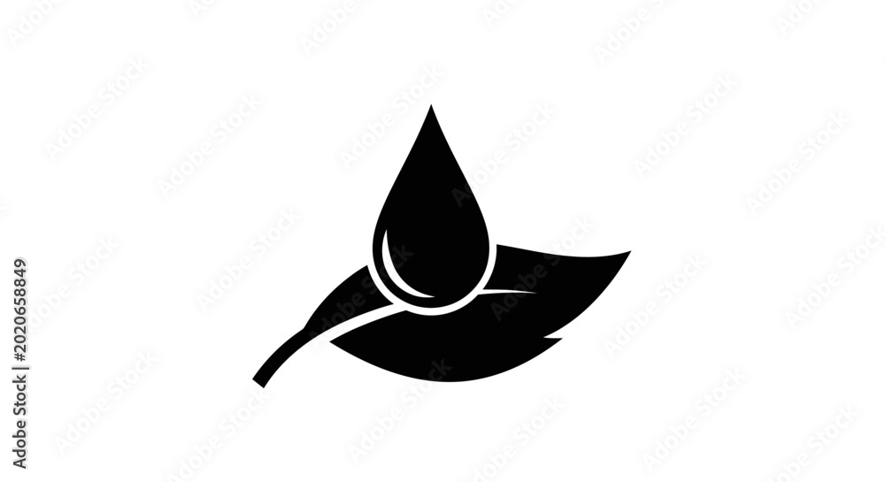 Fototapeta premium Black ink drop on a green leaf icon, clean design, isolated on white background