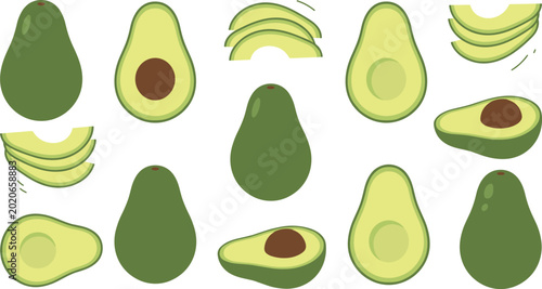 Schilderij op canvas Fresh Green Avocado Vector Illustration Set Featuring Whole Fruit, Halves with P