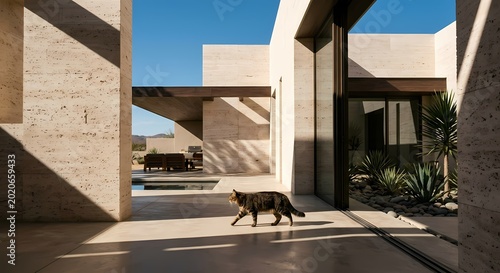 A cat walks in the foreground