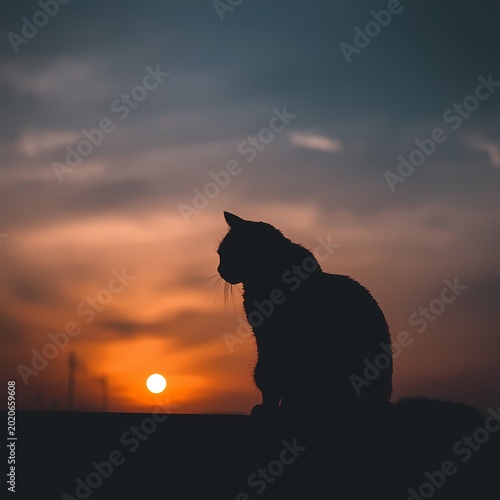 Silhouette of a sitting cat against a sunset. 