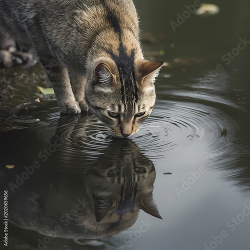 A tabby cat with a striped coat drinks from a still body of water creating ripples that enhance its reflection. 