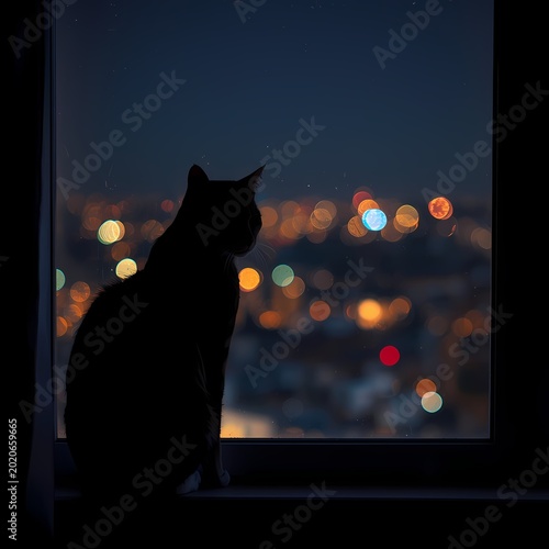Silhouette of a cat perched on a windowsill