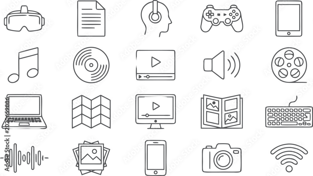 Φωτογραφία Multimedia entertainment and digital technology line icon set with video player