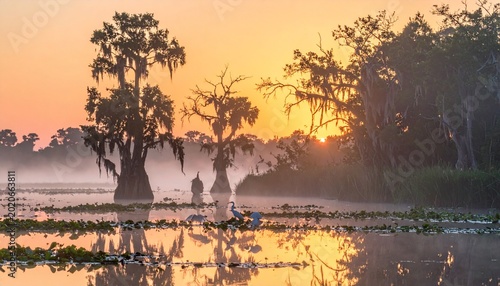 Cypress trees in misty marshland at sunrise with bird reflections