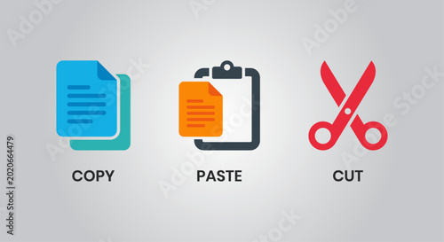 Photos A set of three colored flat vector icons representing copy, paste, and cut funct
