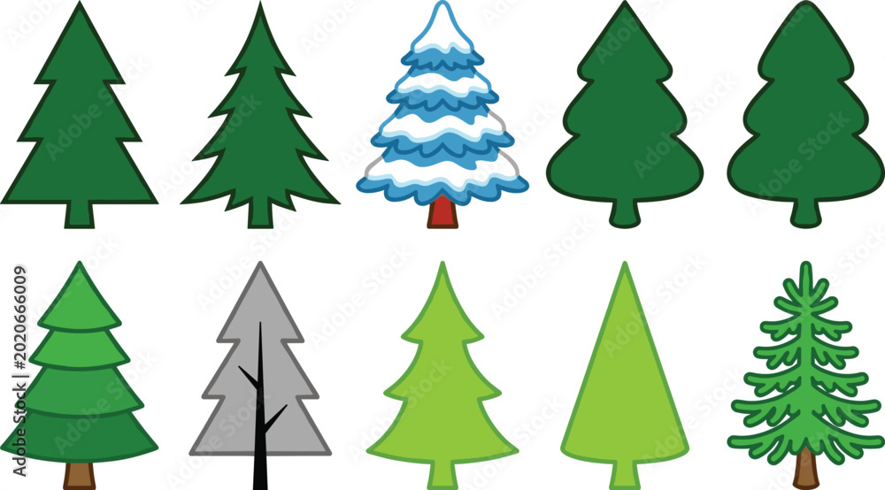 Obraz premium Christmas pine tree vector icon set with winter snow spruce fir forest silhouettes for holiday graphic design elements