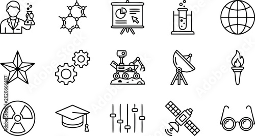 Science and aerospace technology line icon set with scientist molecule rover satellite graduation cap