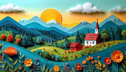 Folk Art- -A colorful paper-cut illustration of a forest scene, inspired 