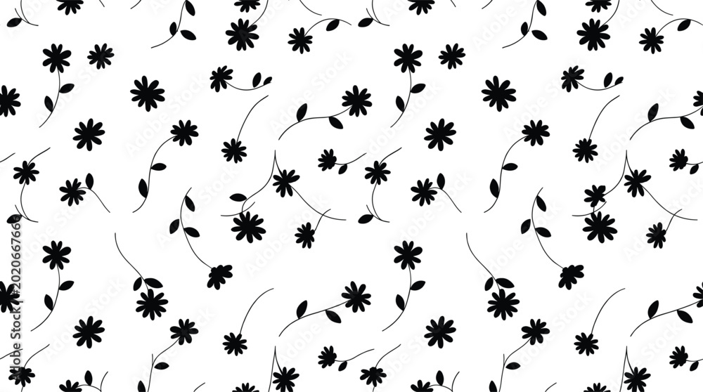 Αυτοκόλλητο Seamless pattern of small black daisy flowers and thin stems on a white backgrou
