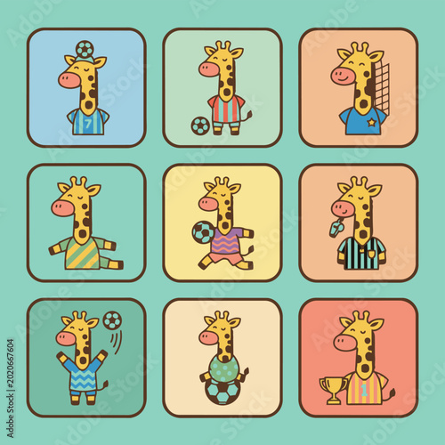 Cartoon giraffes play soccer wearing clothes indoors