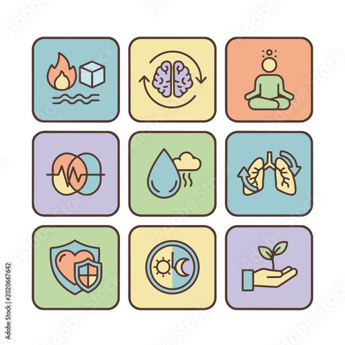 Health icons illustrate wellness through various symbols and signs closely