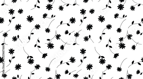 Εκτύπωση καμβά Seamless pattern of small black daisy flowers and thin stems on a white backgrou