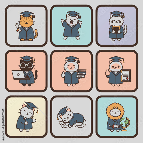 Cats wear graduation caps and gowns happily