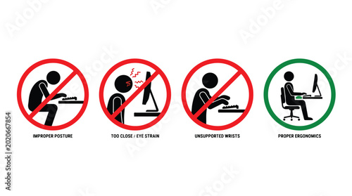 Photos Ergonomics icons set showing proper and improper posture for computer work