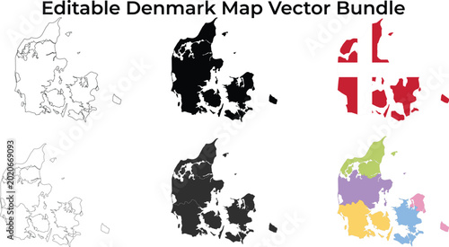 Cuadro en lienzo Denmark map bundle: outline, silhouette, flag, and regions
