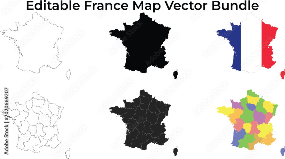 Fototapeta premium France map bundle: outline, silhouette, flag, regions