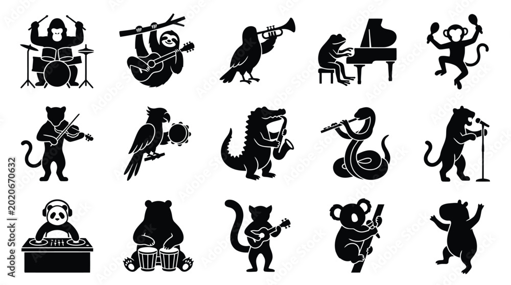 Fototapeta premium Collection of Silhouettes of Animals Playing Musical Instruments and Performing.