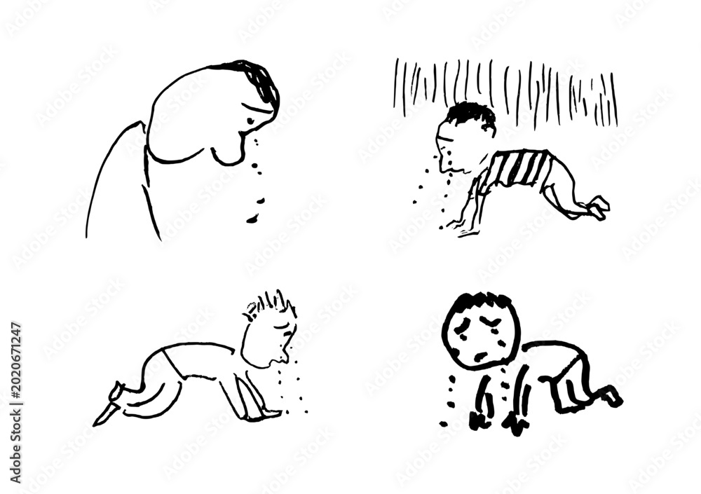 Fototapeta premium Monochrome line drawing illustration set of people collapsing in tears and despair