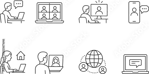 Bild auf Leinwand video conferencing line icons set remote work and online meetings