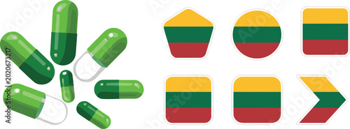 Photos Set of flat vector icons featuring green and white medical capsules and various shapes containing the Lithuanian flag colors, isolated on a white background