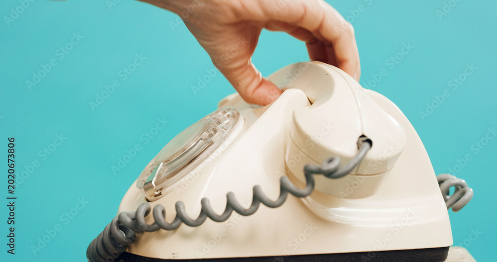 Ταπετσαρία Person, hand and retro dial with telephone in studio for phone call on a blue background