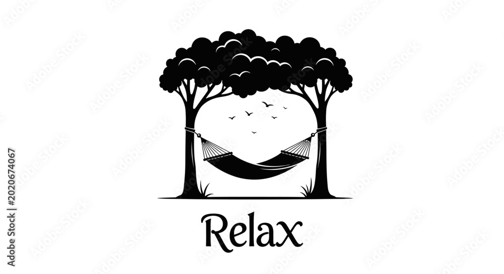 Φωτογραφία Silhouette hammock between trees, birds flying, relax text, peaceful nature scen