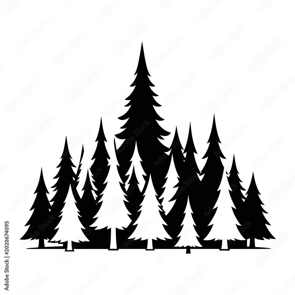 Obraz premium Silhouette of pine trees in a forest, black and white vector illustration