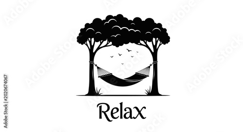 Silhouette hammock between trees, birds flying, relax text, peaceful nature scene