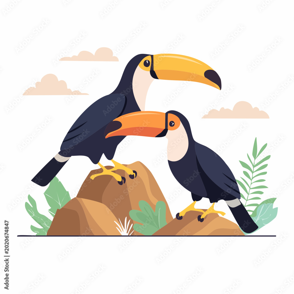 Obraz premium Two Toucans Perched on Rocks with Tropical Foliage