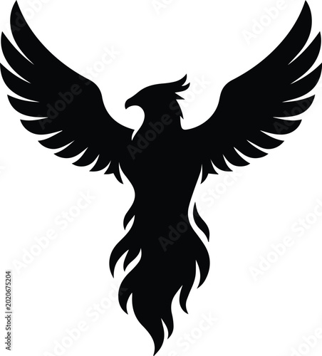 Bild auf Leinwand Majestic black phoenix vector illustration, powerful mythical bird with spread wings, fiery tail, symbolic emblem of rebirth and strength, ideal for branding and logo design