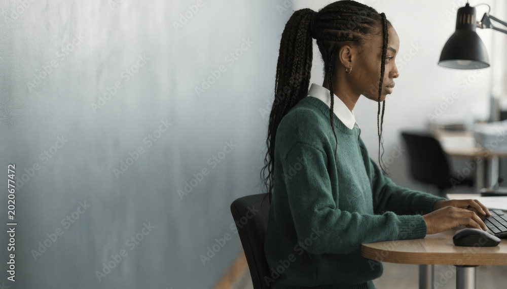 Obraz premium Profile shot woman office computer work desk