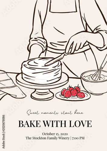 Hand Drawn Cake Frosting Illustration with Strawberries and Baking Scene