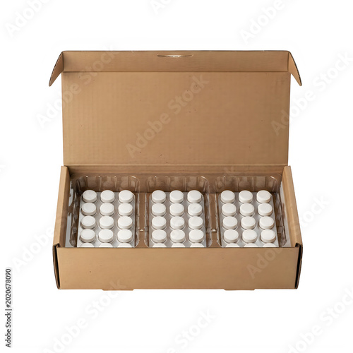 Pack of white light bulbs in open cardboard box
