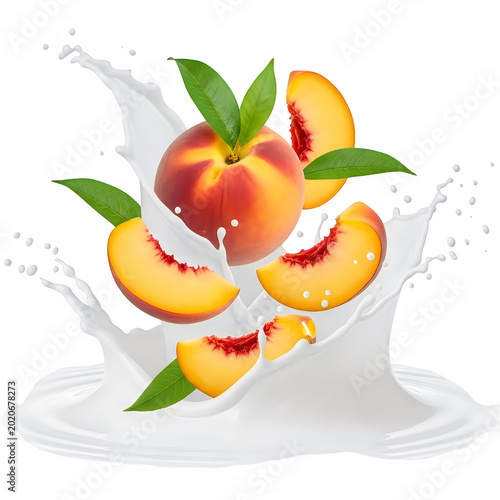 Fresh peach and nectarine fruits floating in milk with green leaves