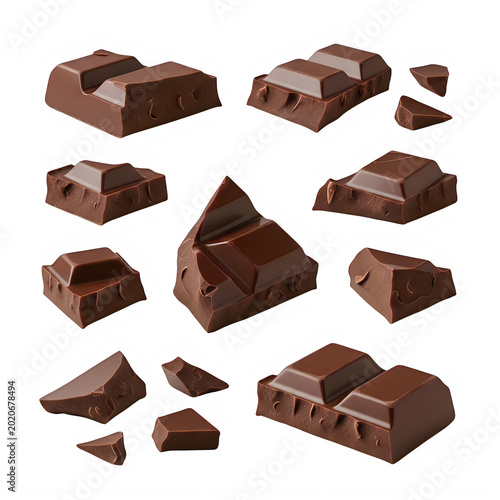 Delicious chocolate brownies arranged on white background