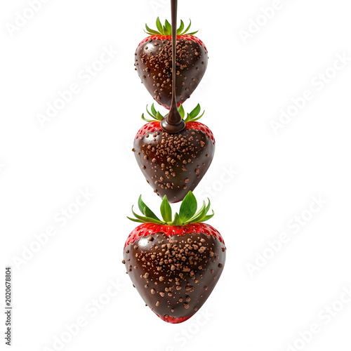 Three stacked chocolate-covered strawberries with shiny coating