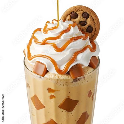 Delicious caramel and chocolate ice cream dessert in a glass cup