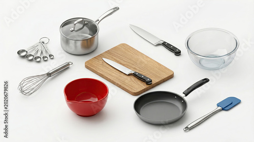 Various kitchen utensils and cookware arranged on a white surface for food preparation