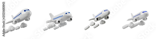 3D rendered white toy airplanes flying through clouds isolated on black