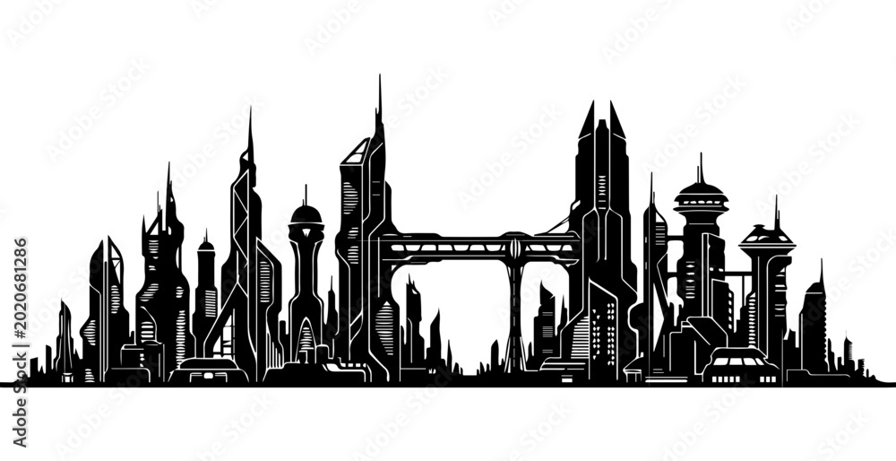 Fototapeta premium Futuristic City Skyline Silhouette, Modern Sci-Fi Urban Landscape Vector Illustration