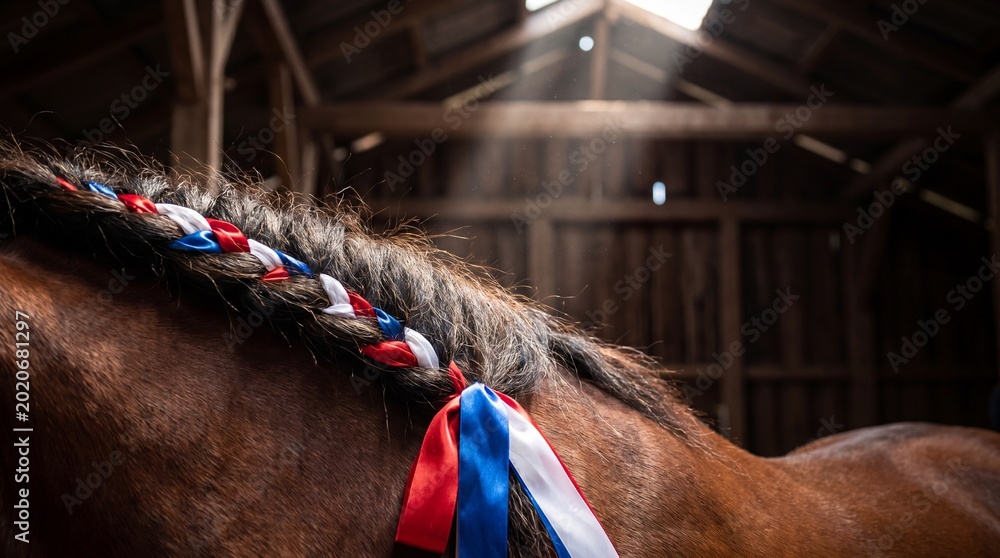 Naklejka premium Close-up of a Horse Wearing Patriotic Ribbons in its Mane