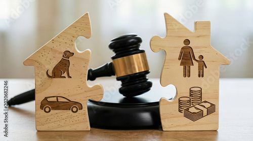 Legal Separation of Property Shown with House Puzzles, judge's Gavel