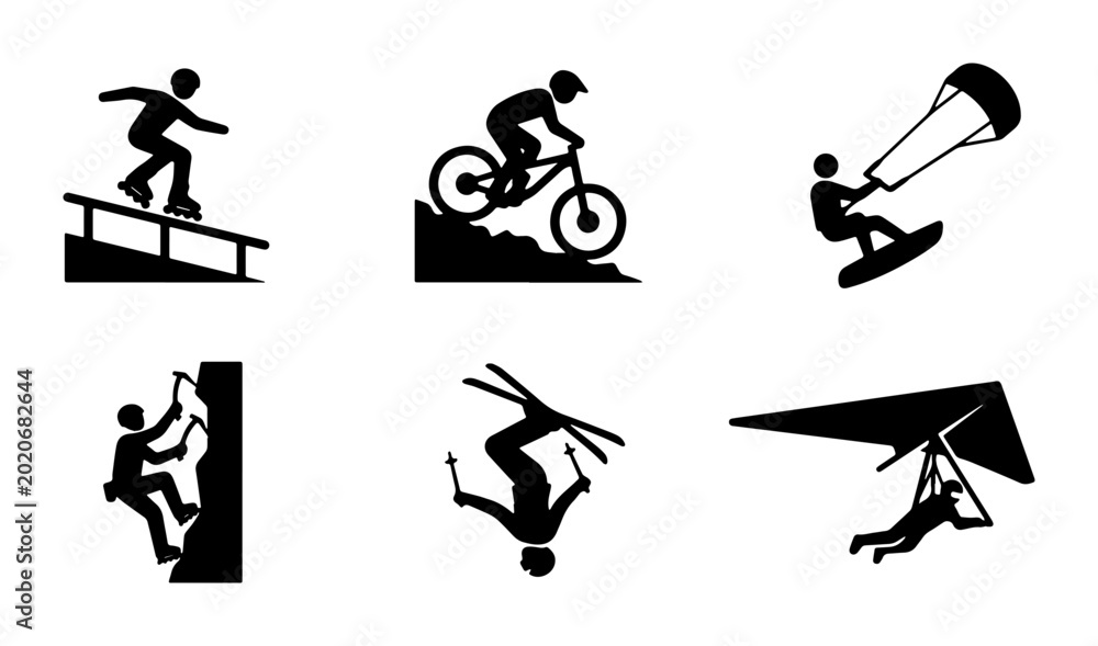 Konstfotografi Extreme Sports Icons Set: Skater, Mountain Biker, Kitesurfer, Climber, Skier, Ha