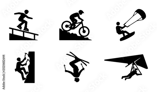 Foto Extreme Sports Icons Set: Skater, Mountain Biker, Kitesurfer, Climber, Skier, Ha