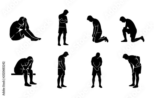 Tableau sur toile Sadness Silhouette Icons Set, Depressed Human Poses Collection, Grief Emotional