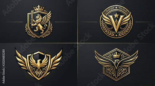Fotografia Four Golden Heraldic Emblems with Wings and Crowns.