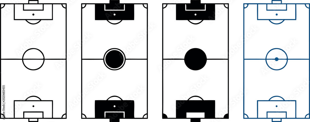 Εκτύπωση καμβά Soccer football stadium pitch field top view blueprint icon set with tactical li